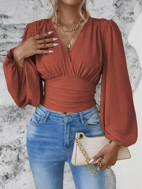 Waist V-neck bag sleeve solid color wrinkled women's long-sleeved top m300997