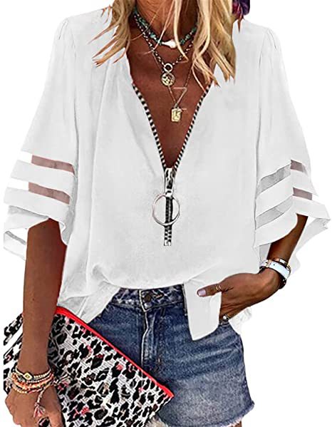 V-neck zipper shirt half-flared sleeve mesh splicing loose casual shirt women's m300887