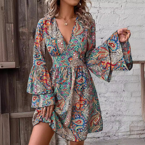 Elegant Women's Floral Print V-Neck Flared Sleeve Dress m300719