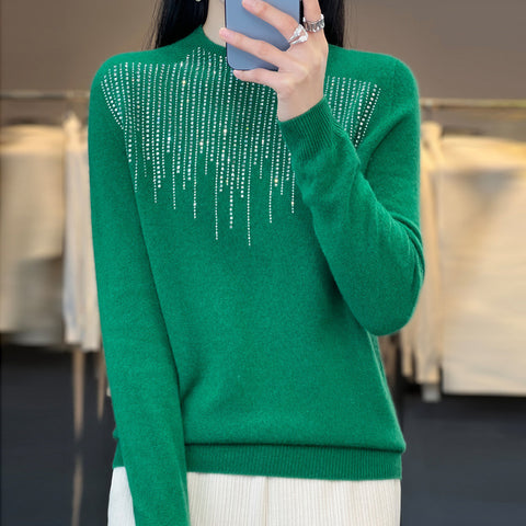 Pure wool semi-turtleneck short diamond-encrusted pullover knitted sweater m300559