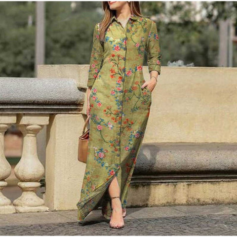 Women's Casual Positioning Printing Pocket Lapels Collar Button Length Dress M300186