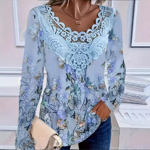 Digital printing lace round neck hollow top m300654