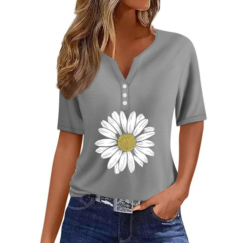 V-neck three-button 3D printed short-sleeved women's top m300617