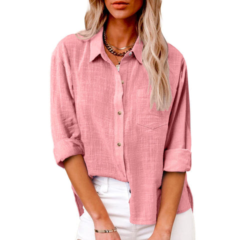 Autumn pocket long-sleeved women's cotton and linen shirt m300463