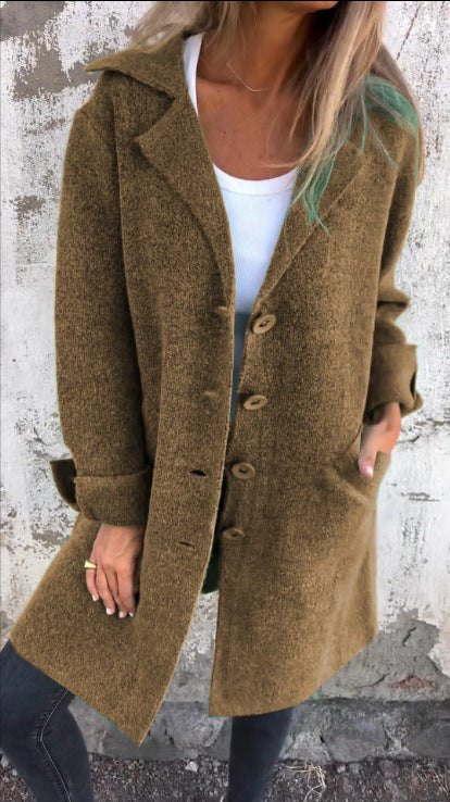 Women's solid color lapel with pocket cardigan single-breasted medium and long coat m300614