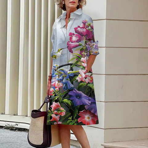 Gentle wind floral 3D digital printing single row open button shirt dress m300914