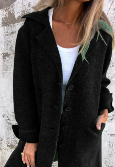 Women's solid color lapel with pocket cardigan single-breasted medium and long coat m300614