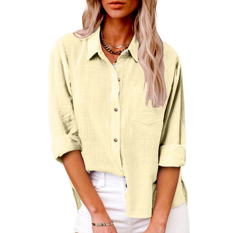 Autumn pocket long-sleeved women's cotton and linen shirt m300463