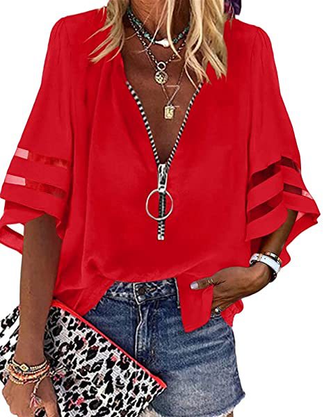 V-neck zipper shirt half-flared sleeve mesh splicing loose casual shirt women's m300887