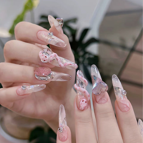 Pure handmade manicure wearing nail piece fake nail sticker pure ice through pink snake baby manicure patch m3331214