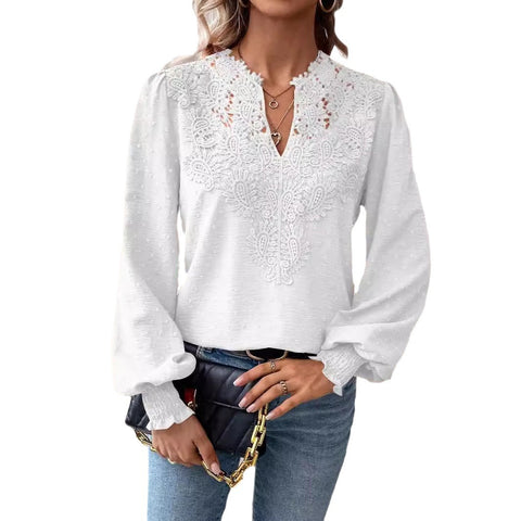 Fashion V-neck lace solid color long-sleeved casual women's top m300947