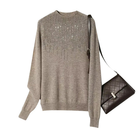 Pure wool semi-turtleneck short diamond-encrusted pullover knitted sweater m300559