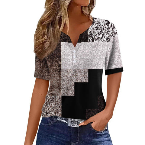 V-neck three-button 3D printed short-sleeved women's top m300617