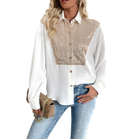 Women's lapel sequined shirt m300829