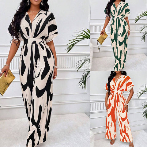 Women's full-body printed bat-sleeved wide-leg jumpsuit m300971