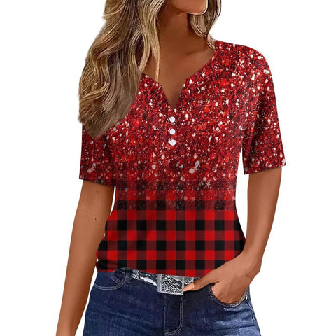 V-neck three-button 3D printed short-sleeved women's top m300617