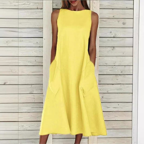 round Neck Sleeveless Double Pocket Dress M300157