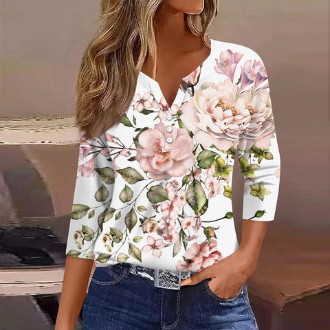 V-neck three-button seven-quarter sleeves, floral smudge printing, fashionable and casual loose women's clothing m300565