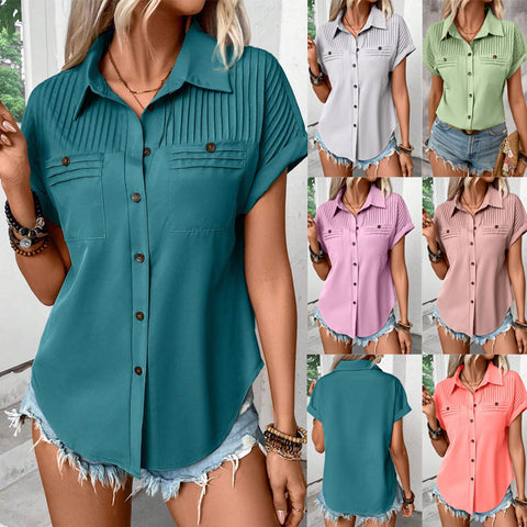 Buckle lapel shoulder pleated pocket shoulder short-sleeved top inch shirt T-shirt women's m301029