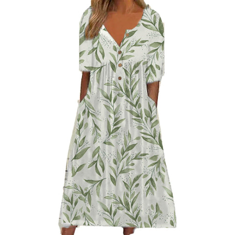 Printed V-neck button short sleeved dress with women's pockets and long skirt m300028