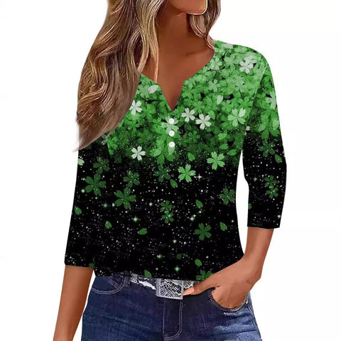 V-neck three-button seven-quarter sleeves, floral smudge printing, fashionable and casual loose women's clothing m300565