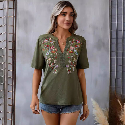 10,000-Needle Embroidered Splicing Lace Top Women's T m300884