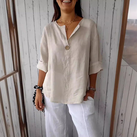 Loose T-shirt Women's V-neck cotton and linen button-up top m300385