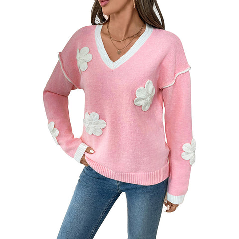 Long Sleeve V-Neck Decal Pink Sweater Women's M300795