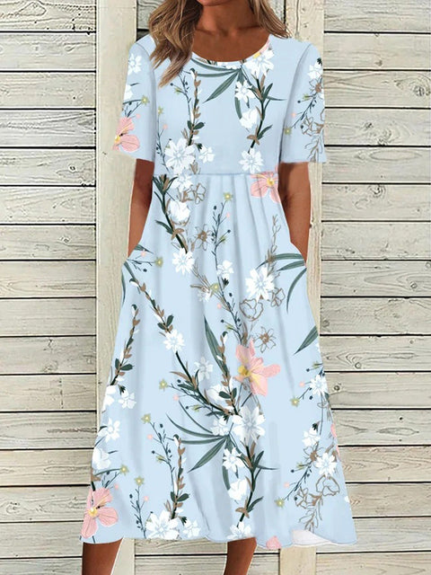 Summer new mid-waist ladies & casual round neck printed swing dress m300040