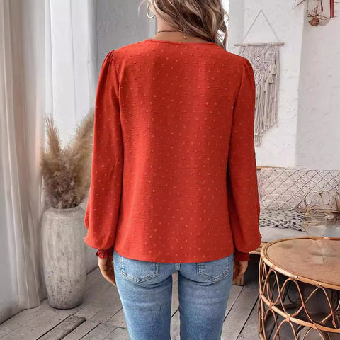 Fashion V-neck lace solid color long-sleeved casual women's top m300947