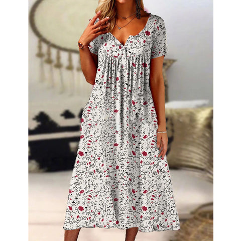 Printed V-neck button short sleeved dress with women's pockets and long skirt m300028