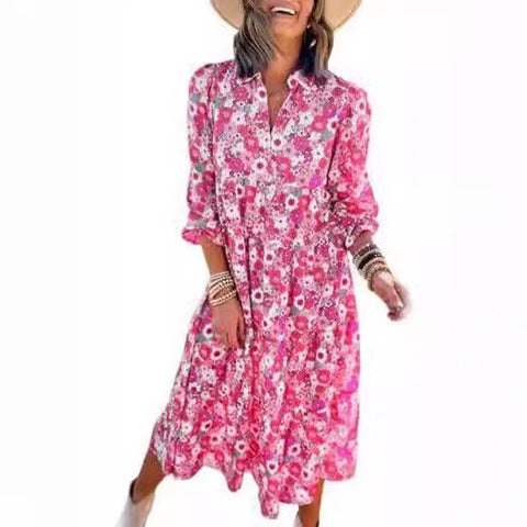 Loose long-sleeved V-neck women's bohemian floral elegant A-shaped dress m300573