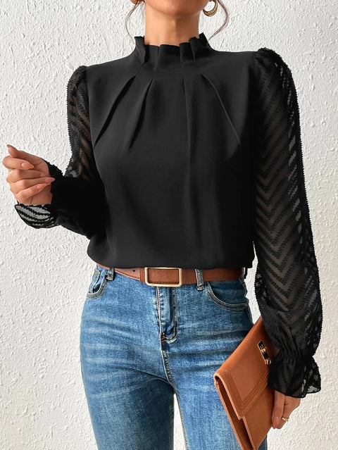 Semi-turtleneck spliced wavy chiffon long-sleeved top m300882