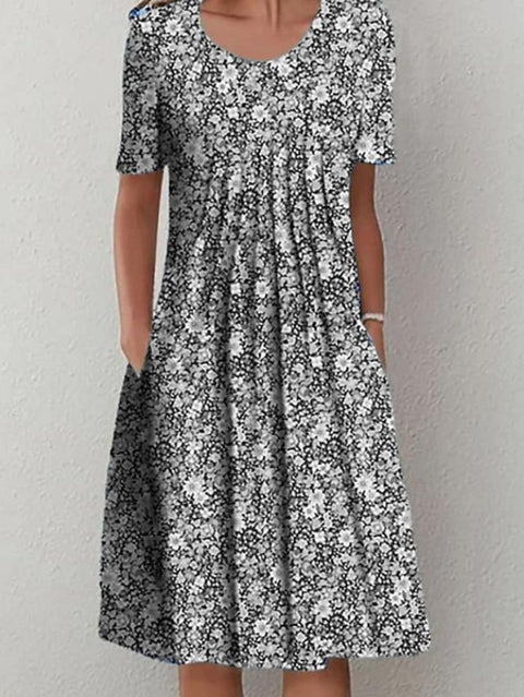 Spring/Summer Flower Printed Round Neck Pocket Mid length Dress for Women's Clothing m300037