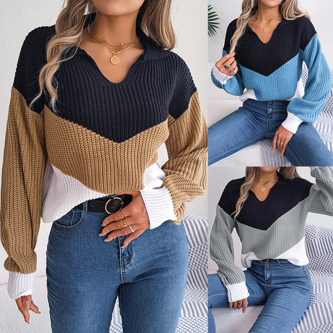 Casual lapel contrasting color long-sleeved knitted pullover sweater m300571