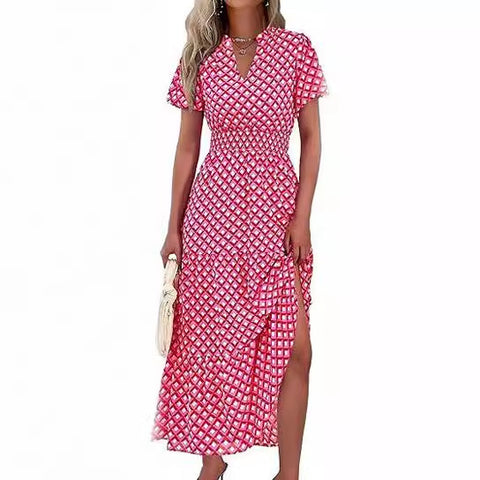 V-neck bubble pleated printed short sleeved dress m300104