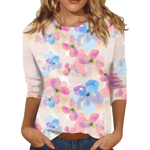 Seven-quarter sleeve plant flower 3D printing crew neck pullover m300615