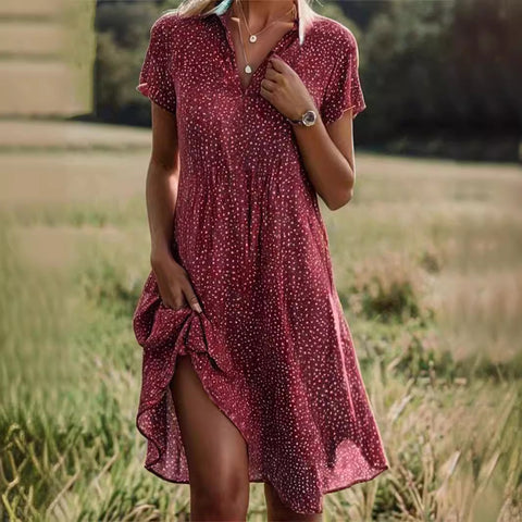 Long dress casual loose V-neck printed polka dot shirt dress m300919