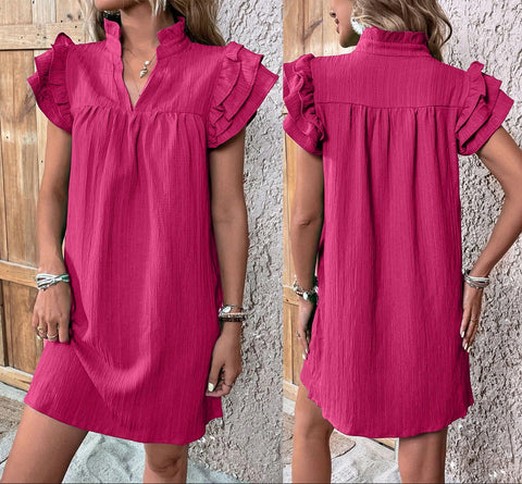 Versatile multi-layer lotus leaf sleeve V-neck pullover dress m301019