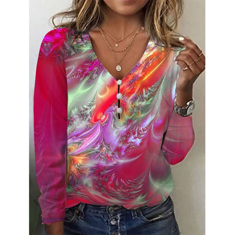 V-neck star tie-dye pearl button long-sleeved T-shirt sweater m300609