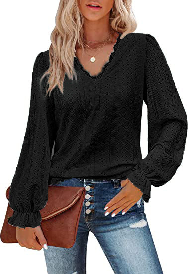 V-neck hollow casual pleated sleeve top shirt autumn m300647