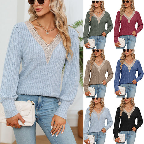 Women's V-neck lace loose pit strip polished loose long-sleeved T-shirt m300519