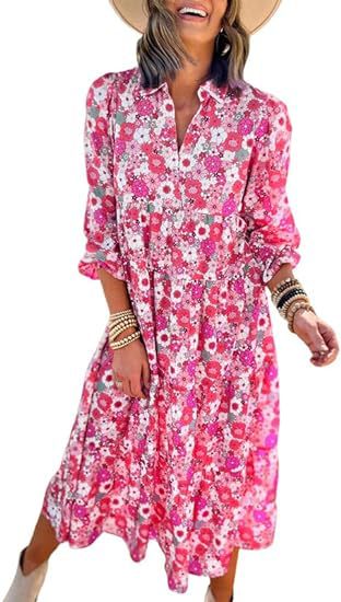 Loose long-sleeved V-neck women's bohemian floral elegant A-shaped dress m300573