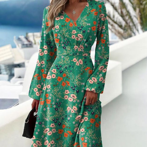 Fashion print dress v-neck long sleeve dress m300931