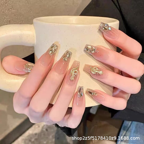 Lucky little golden snake pure handmade wearing armor flash diamond burst flash manicure medium and long nail piece m3331213