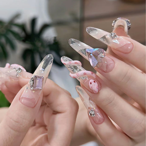 Pure handmade manicure wearing nail piece fake nail sticker pure ice through pink snake baby manicure patch m3331214