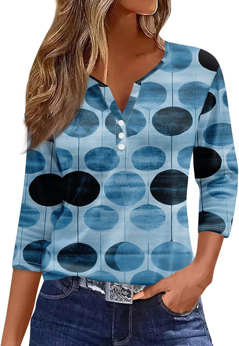 3D printed women's V-neck three-button seven-quarter sleeve fashion casual top m300616