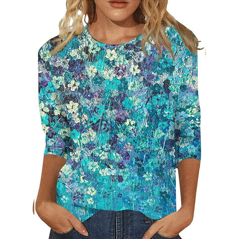 Seven-quarter sleeve plant flower 3D printing crew neck pullover m300615