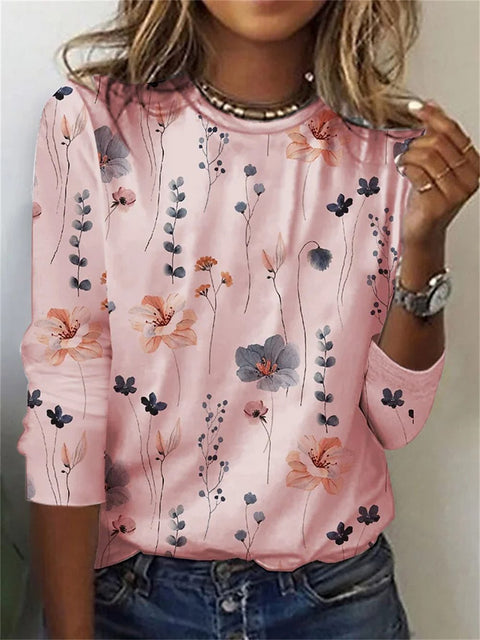 Long Sleeve T-Shirt Women's Solid Color Flower m300934