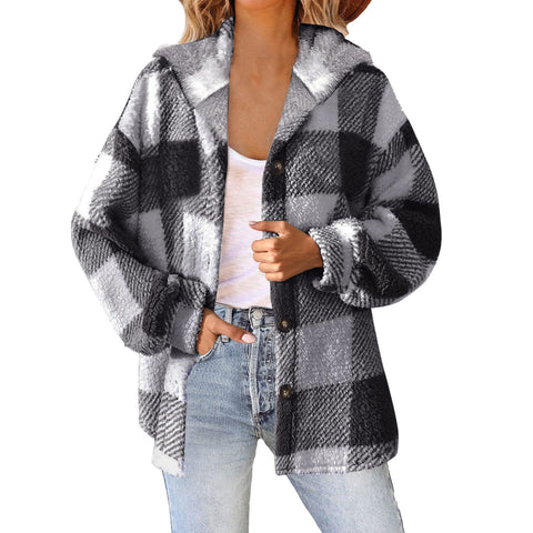 Printed plaid hooded button jacket plush thermal jacket women m300438